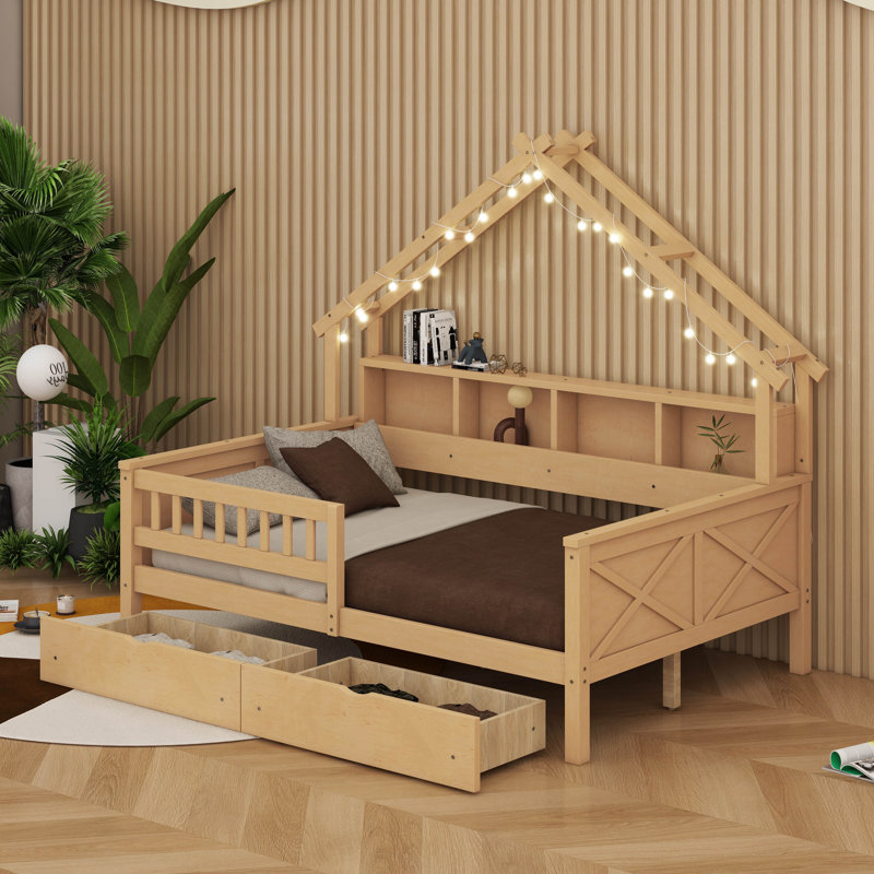 Lits plateforme en bois pleine grandeur avec DEL, tablettes de rangement, tiroirs et garde-corps, Naturel