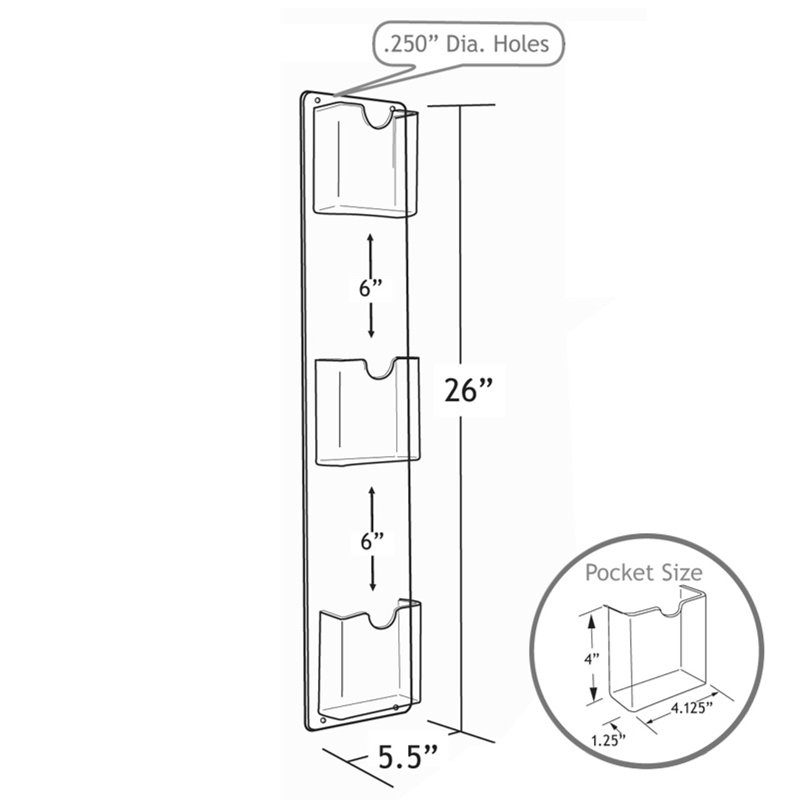 Porte-dépliant mural à trois poches verticales. Dimensions intérieures: l 4,125 po, paquet de 2