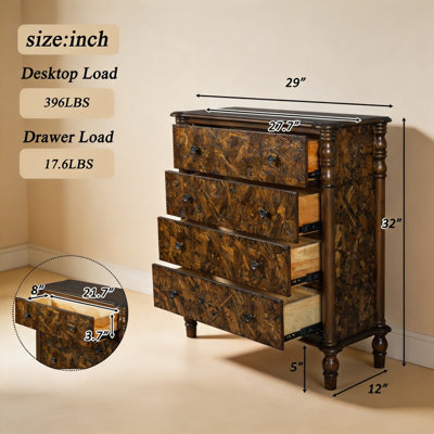 Commode de style campagnard rustique pour chambres à coucher, commode haute de 32 pouces, commode en bois avec quatre pieds en bois massif, idéale pour les chambres à coucher, les couloirs et les entrées, abat-jour en noyer