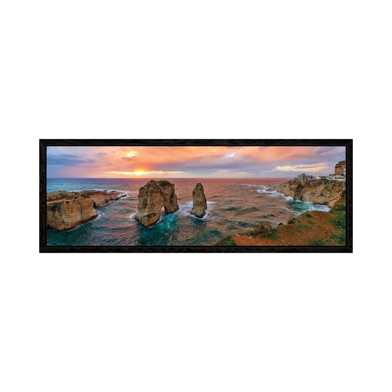 Sunset At The Raouche Coast, Beirut, Lebanon by Panoramic Images - Floater Frame Panoramic Gallery-Wrapped Canvas Giclée on Canvas