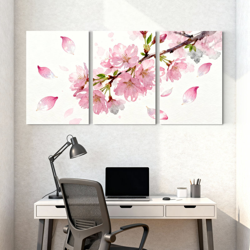 Ensemble de 3 tableaux muraux sur toile à motif floral de fleurs de cerisier, H 36 po x l 72 po