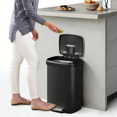 13 Gal / 50L Large Plastic Trash Can for Kitchen, Step-On with Soft Close Lid, Liner Rim, Rustproof Garbage Bin, Rear Handle, Matte Black
