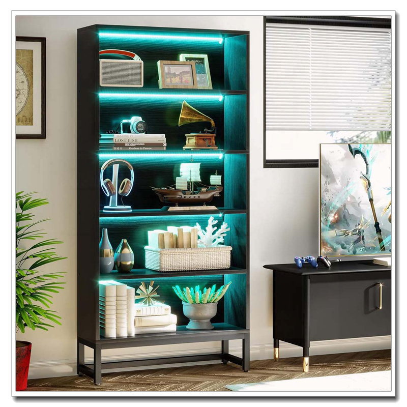70.87" Black 5-Tier LED Library Bookshelf With Heavy Duty Storage