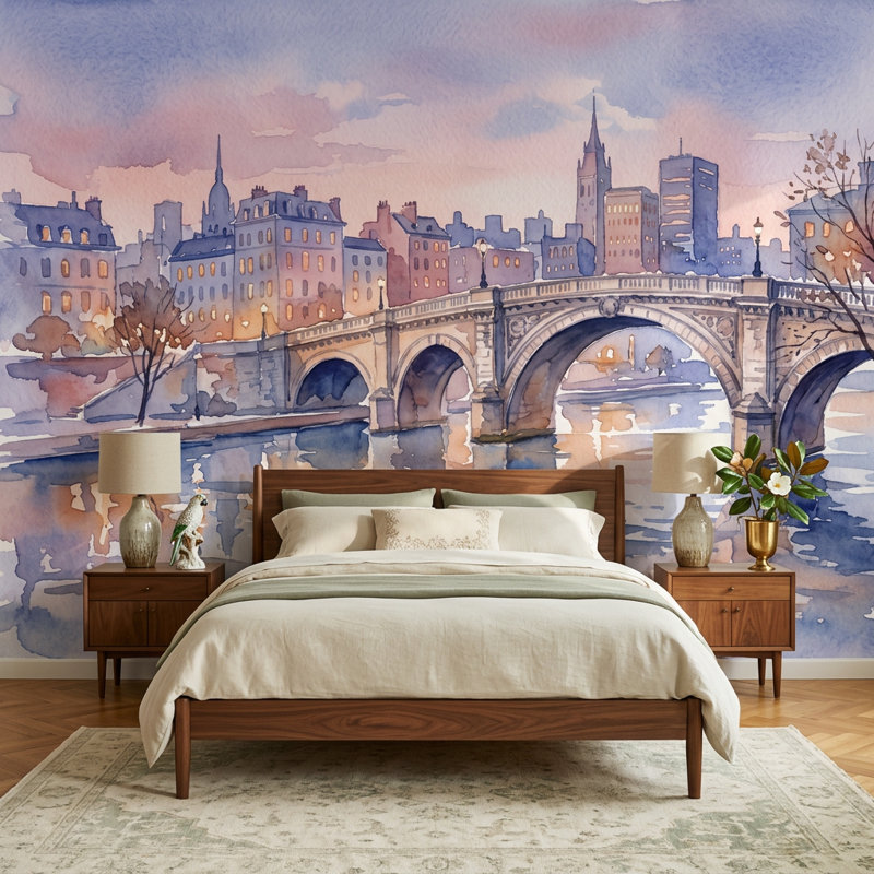 Stone Arch Bridge Wallpaper Cityscape River Reflections Wall Mural, Non-Woven Nonpasted, 140"x108"