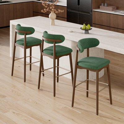 Tabouret de bar moderne à hauteur de comptoir avec dossier, non pivotant, pieds en bois d'hévéa massif et repose-pieds en métal bronze