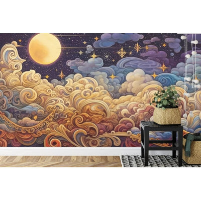 Golden Cloud Moon Starry Night Fantasy Wall Mural for Home Decor
