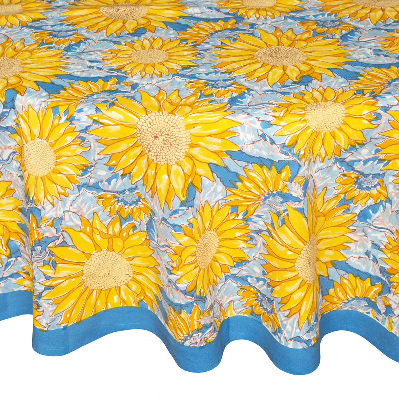 Sunflower Handmade Floral Tablecloth, 90" x 90", Blue/Yellow