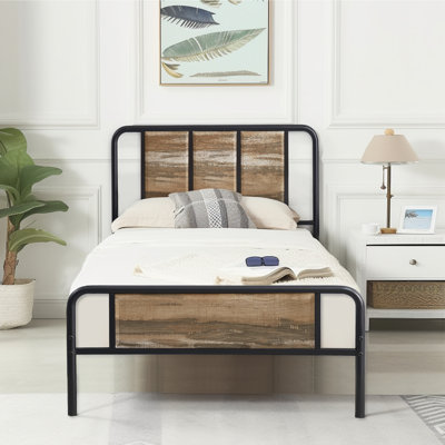 Kempst Twin Size Bed Frame with Wood Headboard and Footboard, Industrial Rustic Twin Metal Platform Bed with Heavy-duty Slats Support, No Box Spring Needed, Slate Gray