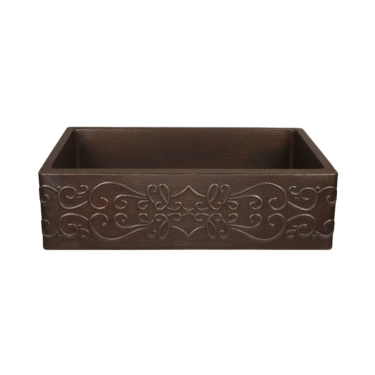 30" Hammered Copper Apron Front Single Basin Kitchen Sink with Scroll Design