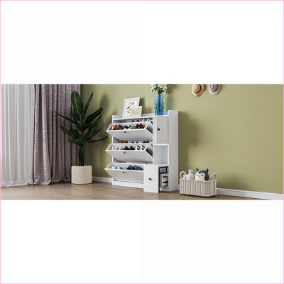 Shoe Cabinet with Pull-Down Seat, 3 Flip Drawers &amp; Adjustable Shelves – Snow White | Entryway | Particle Board