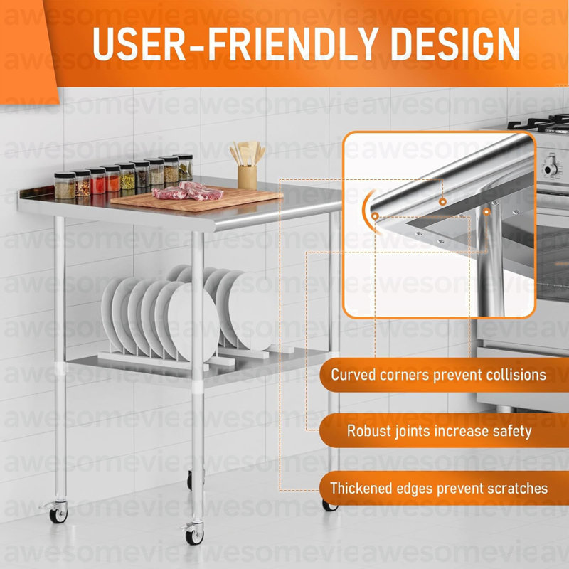 Table de travail en acier inoxydable 30 po x 30 po Table de travail en métal avec tablettes à dossier réglable pour la cuisine, l'extérieur, le restaurant, l'hôtel et le garage