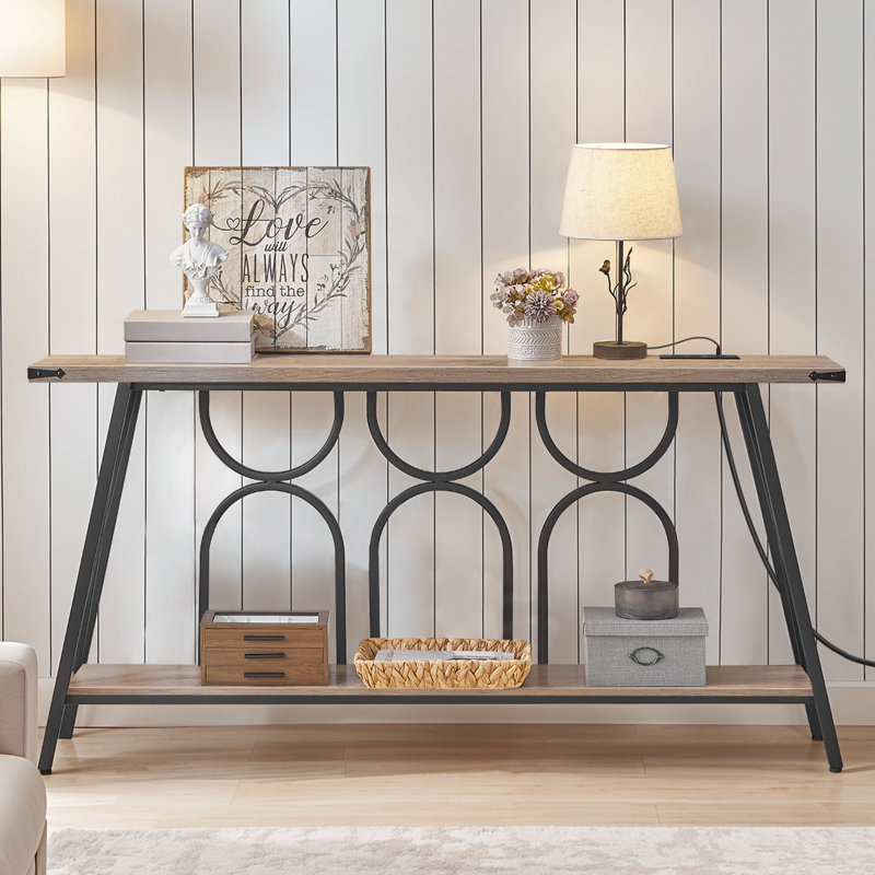 Console unique avec station de charge et tablette de rangement, Gris, H 31,5 po x l 63 po x P 11,8 po 