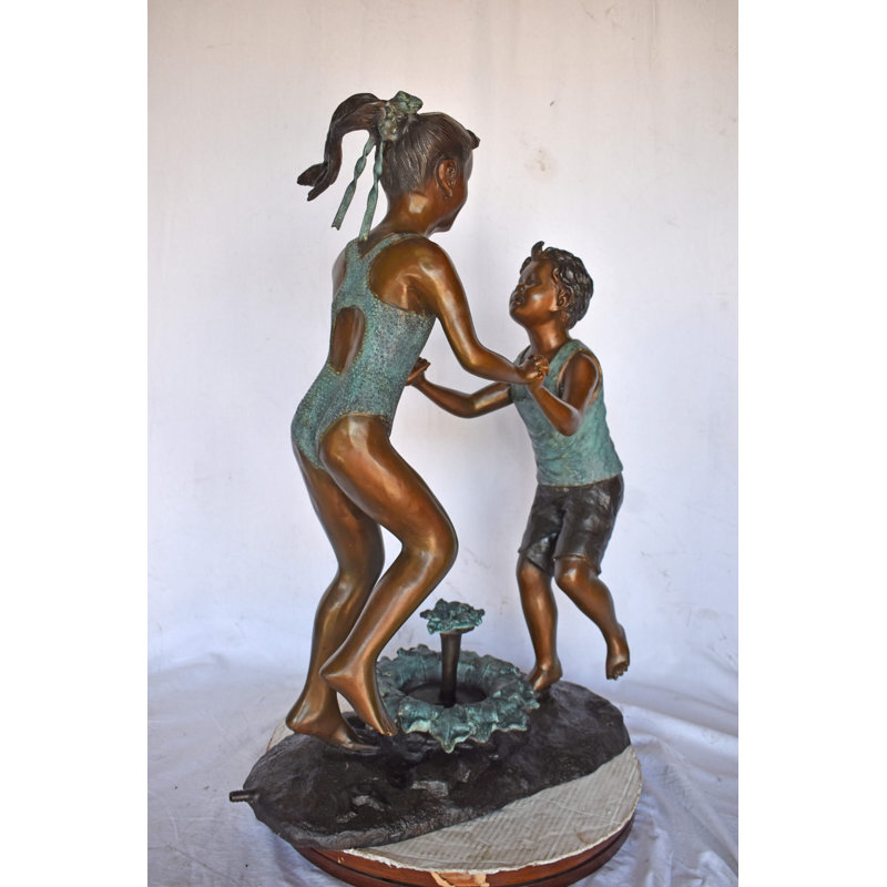 Young Boy And Girl Dancing Around Fountain Bronze Statue-Size 28" X 13" X 38"H