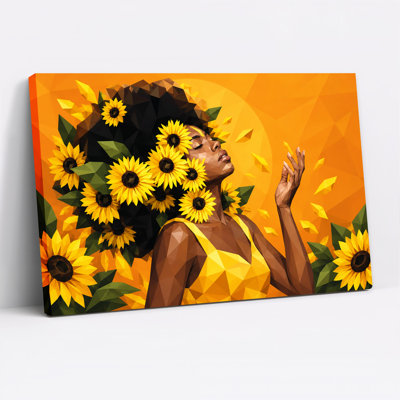 Femme aux cheveux ornés de tournesols, robe jaune, style low poly, toile murale