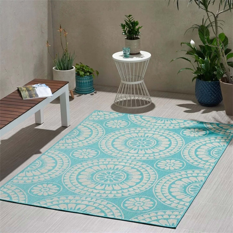 Teal Multi Rectangle Polypropylene 5'3" x 7' Rug