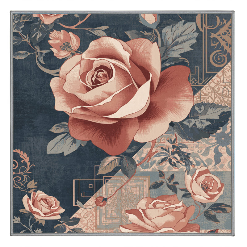 Machine Washable Oyan Pink Rose Florentiner Floral Rug in Gray – Gray Binding, 7' Square