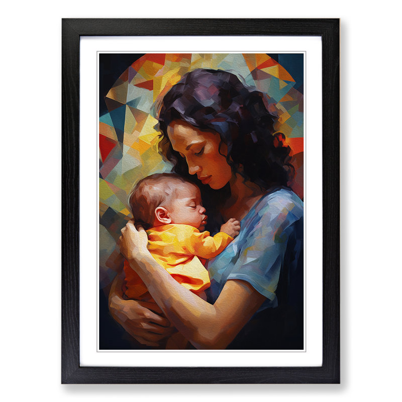 XYZ-FRM-V1223-4565 Mother And Baby Hard Edge Painting - Single Picture Frame Print on Wood, 46cm H x 34cm W x 2cm D, Black 