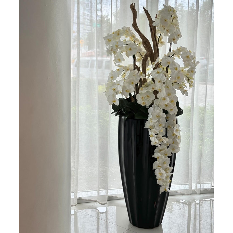 San Jose Planter In Glossy With Cascading Orchids, White, Black
