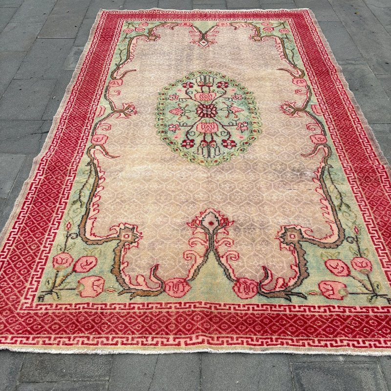 Grand tapis turc Oushak rétro avec motif en médaillon beige pour les salons et les salons