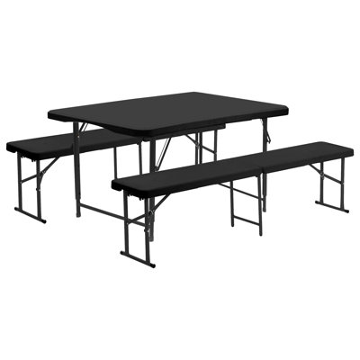 Harbour Housewares Height Adjustable Folding Trestle Table & Benches Set - 120cm (4ft) - Black