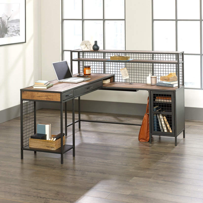 Bureau industriel en L avec 2 tiroirs et tablettes, finition brune