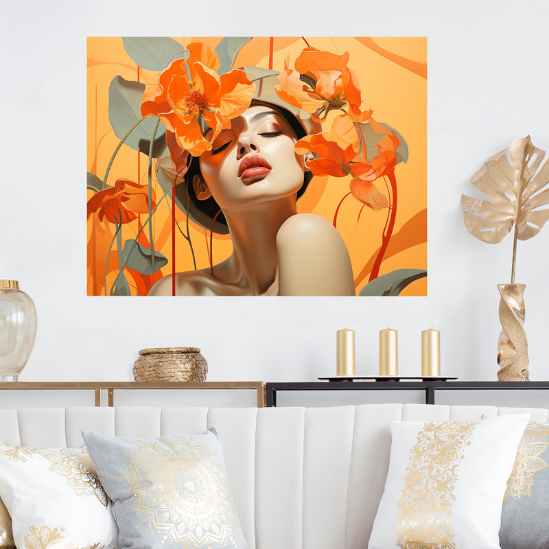 Orange Woman Portrait With Flowers Bloom II - Fashion Metal Wall Art MT133293, 12" H x 20" W x 1" D
