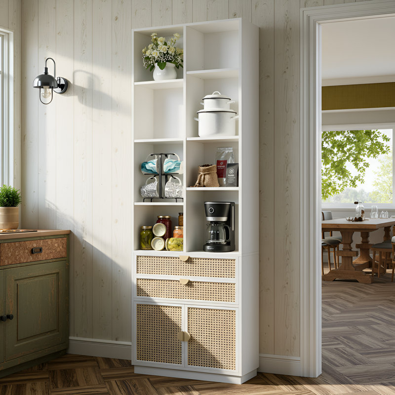 Adonia Rural Retro Style Bookcase With 2 Drawers And Doors, 8 Storage Cubes, Wooden Bookshelves For Home, Office, Kitchen, White