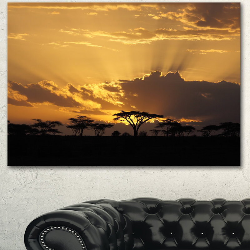 Coucher de soleil en Afrique avec arbre d'acacia - reproduction de photo sur toile tendue, H 16 po x l 32 po