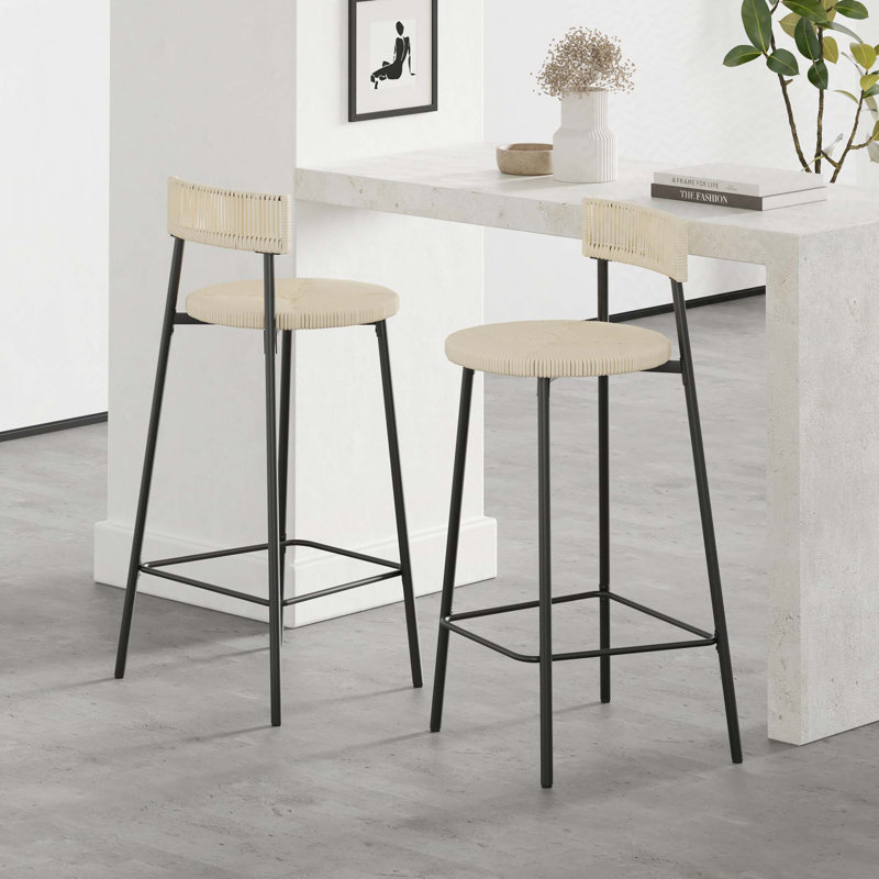 Woven Bar Stools with Back Set of 2, White