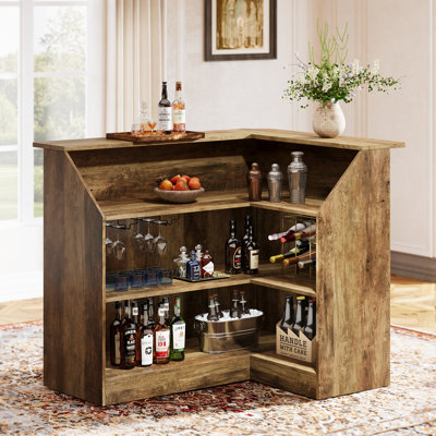 L-Shaped Bar Cabinet, 4-Tier Home Bar Table with Stemware Racks