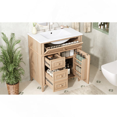 30'' Bathroom Vanity with Sink, Solid Wood & MDF Cabinet, Flip-Out Drawer, 2 Soft-Close Drawers 1 Soft-Close Door, Elegant Wood Handles