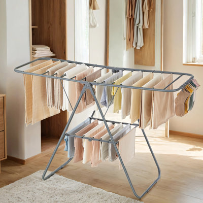 Clothes Drying Rack, With Sock Clips, Metal Laundry Rack, Foldable, Space-Saving, Free-Standing Airer, Indoor Outdoor Use