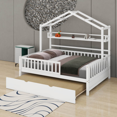 House Bed With Trundle And Storage Shelf, Wood Bed Frame With Roof And Safety Guardrail
