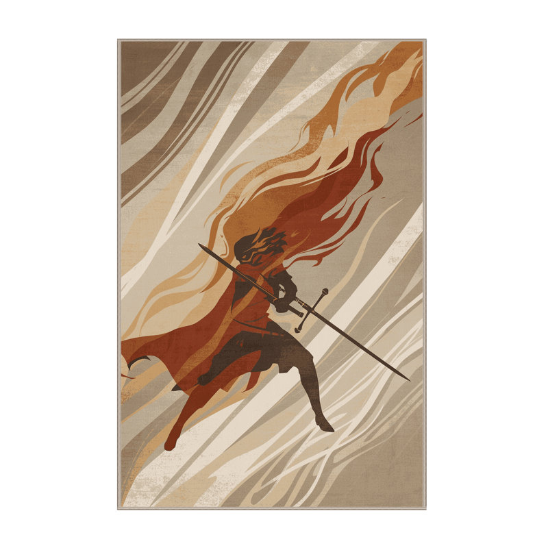 Soft Plush Durfee Fire Sword Warrior Bold & Eclectic Modern Arc Area Rug in Brown – Beige Binding, 6x9