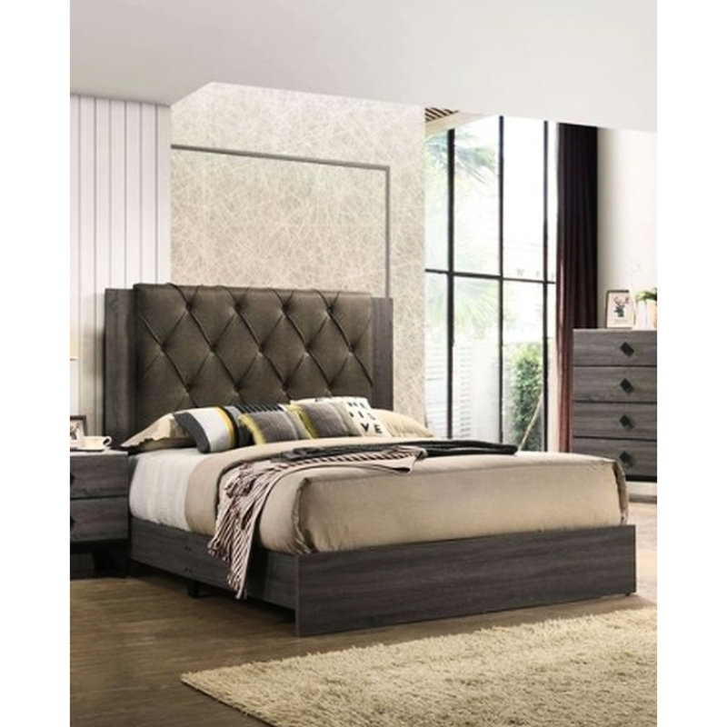 Lit tête de lit capitonné en tissu de style chêne gris rustique, structure en bois, pieds fuselés, 4 lattes, pièce indispensable pour sommier tapissier, capacité de charge de 660 lb, espace libre au sol de 4 po, profondeur de 79 po,