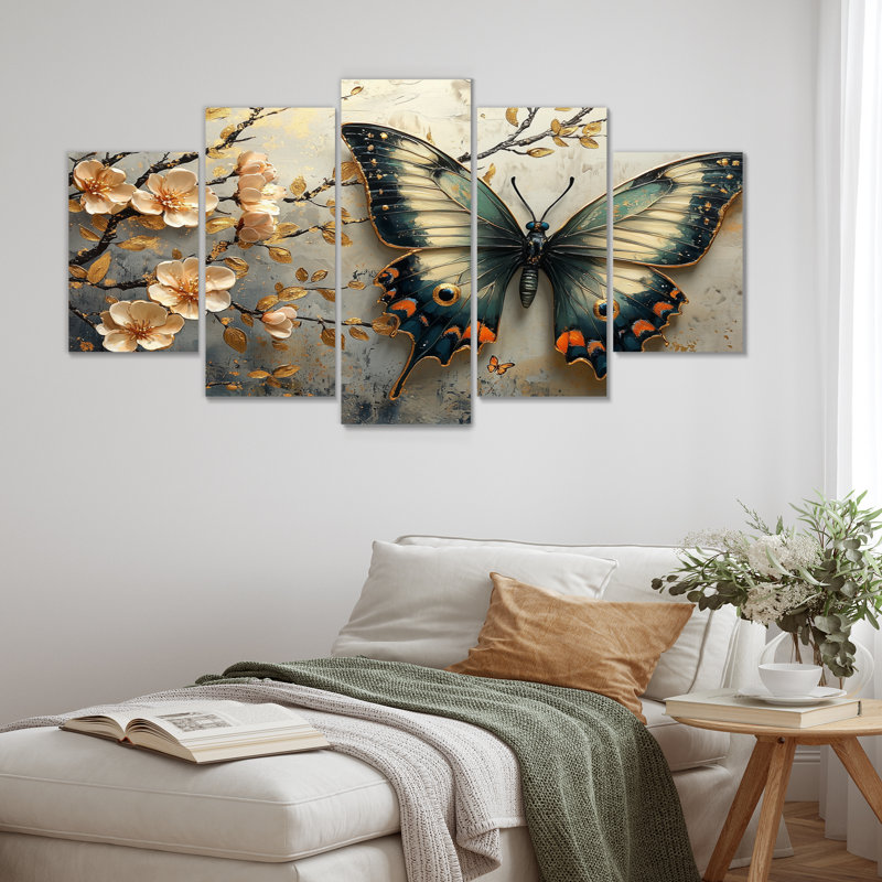 Papillon rétro sur une branche de cerisier en fleurs - ensemble d'art sur toile