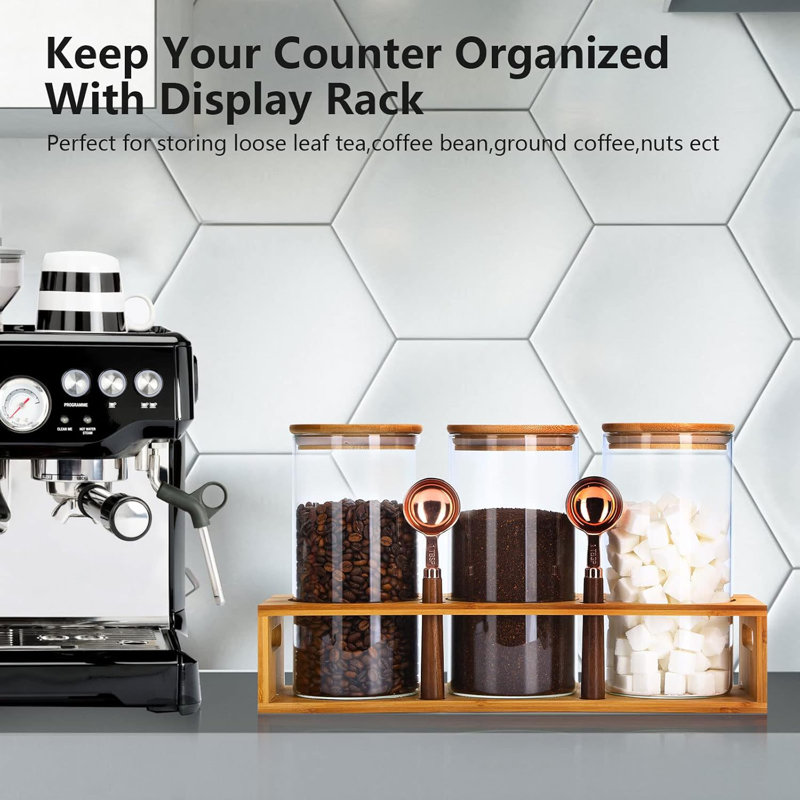 Contenants à café en verre Bocaux de rangement pour grains de café hermétiques avec tablette, boîtes de café organisateur de station de café 3 pièces 44 oz, pots de rangement pour aliments pour café, sucre, bonbons, avoine, noix