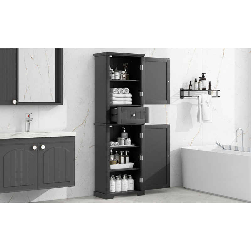 Grande armoire de salle de bain noire avec tablette réglable et tiroir supérieur