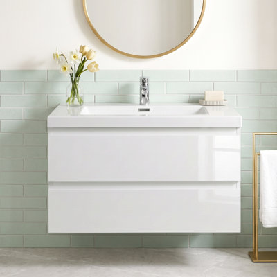 Meuble-lavabo mural de salle de bain de 76 cm (30 pouces) en bois fabriqué étanche avec lavabo en résine intégré et rangement, entièrement préassemblé