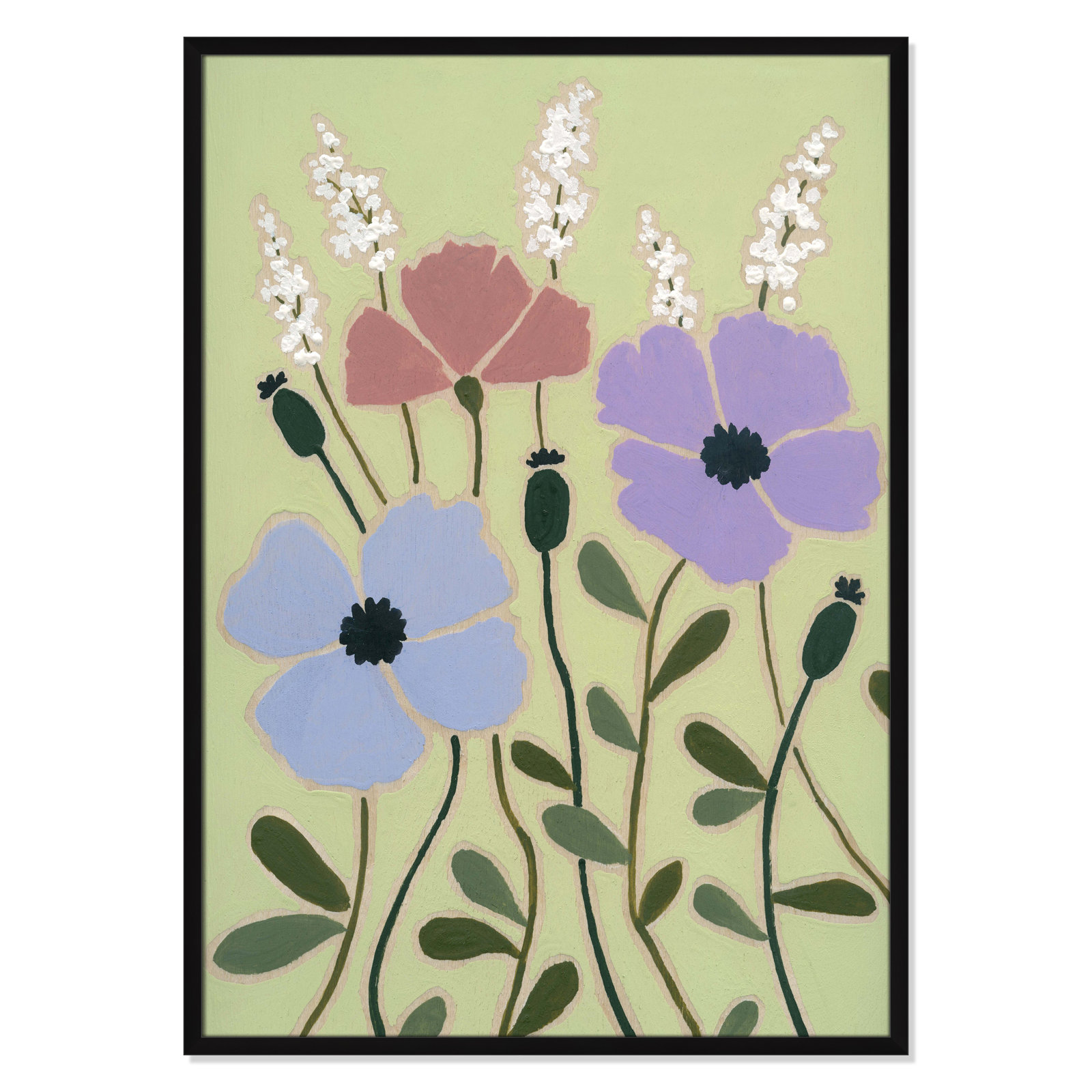 Maura "Woodblock Floral III" Print, Satin Black Framed, 41.5" H x 29.5" W x 1.25" D