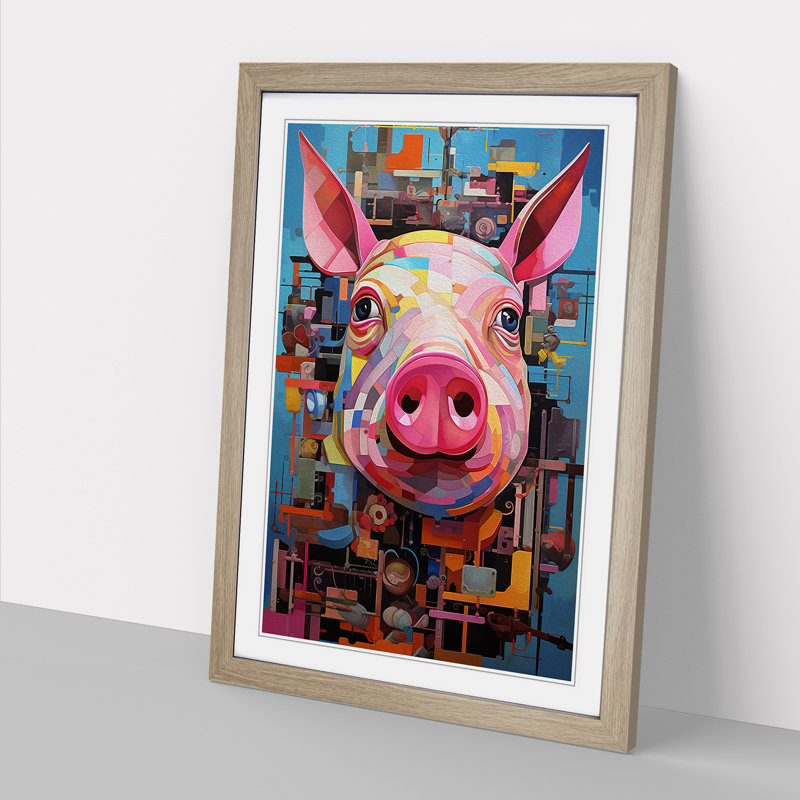 XYZ-FRM-V1223-5132 Pig Constructivism - Single Picture Frame Print on Wood, 46cm H x 34cm W x 2cm D, Oak