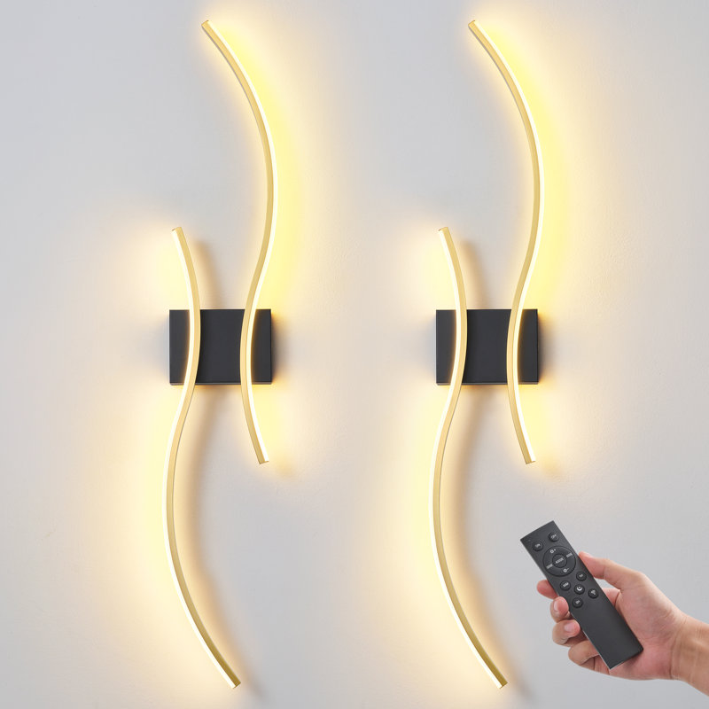 2-Pack Battery Operated Wall Sconces with Remote Control, Non-Hardwired LED Flush Mounted Sconces, Black and Gold, 23.6 Inch