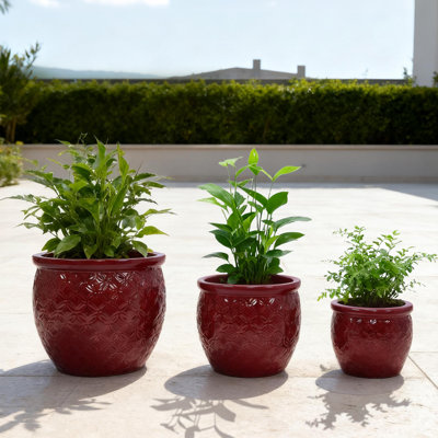  Ensemble de 3 pots en céramique pour plantes, pots à fleurs à motif quadrilobe 9/12/15 pouces, pots de fleurs d'intérieur et d'extérieur pour Pothos, lierre, plantes grasses, cadeaux de plantes décoratives - rouge