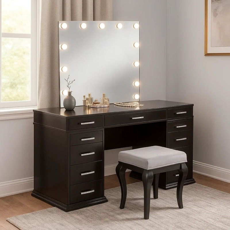 Vaz 3Pc LED Mirror Vanity Table Set, Glass Top, Padded Stool, Clear/Obsidian Gray
