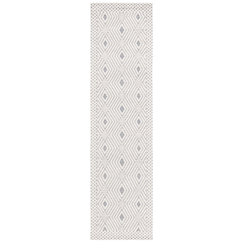 Tapis géométrique en laine / polyester tissé à la main Manya en blanc / bleu, Tapis de couloir 2 pi 3 po x 9 pi