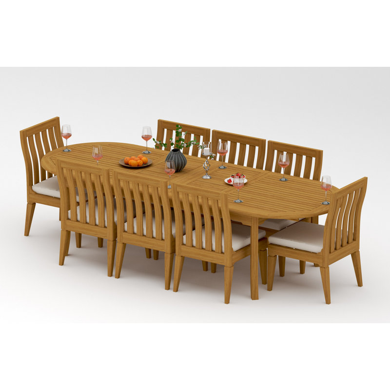 Ensemble de salle à manger 9 pièces en bois de teck de qualité A: table ovale à double extension de 118 po et 8 chaises sans accoudoirs Caranas # 11Ca2600