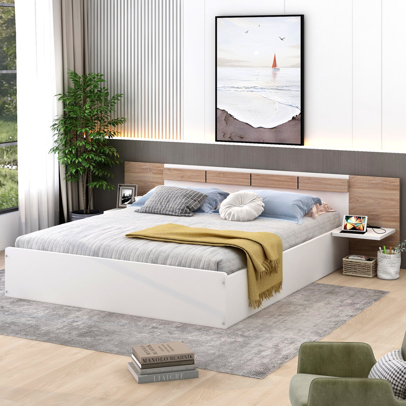 Grand lit plateforme avec tête de lit, tablettes, ports et prises USB, blanc
