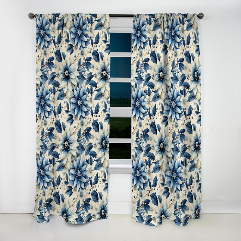 Tranquillité blanche et bleue - Rideau floral - Rideau occultant - 1 panneaux, L 52 po x L 108 po