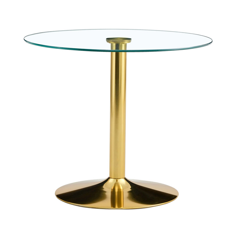 A glass tabletop with a modern minimalist circular dining table, 29.5" H x 35" L x 35" W, Gold