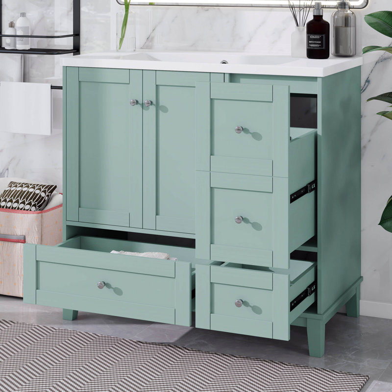 Meuble-lavabo 36 po avec lavabo, meuble-lavabo moderne avec chargement USB, deux portes et trois tiroirs avec rangement